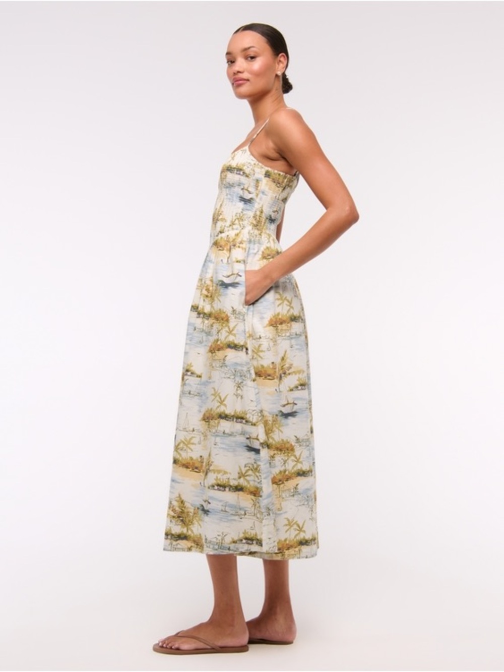 Abercrombie & Fitch Sydney Smocked Dipped-Waist Midi Dress - Picture 3 of 9
